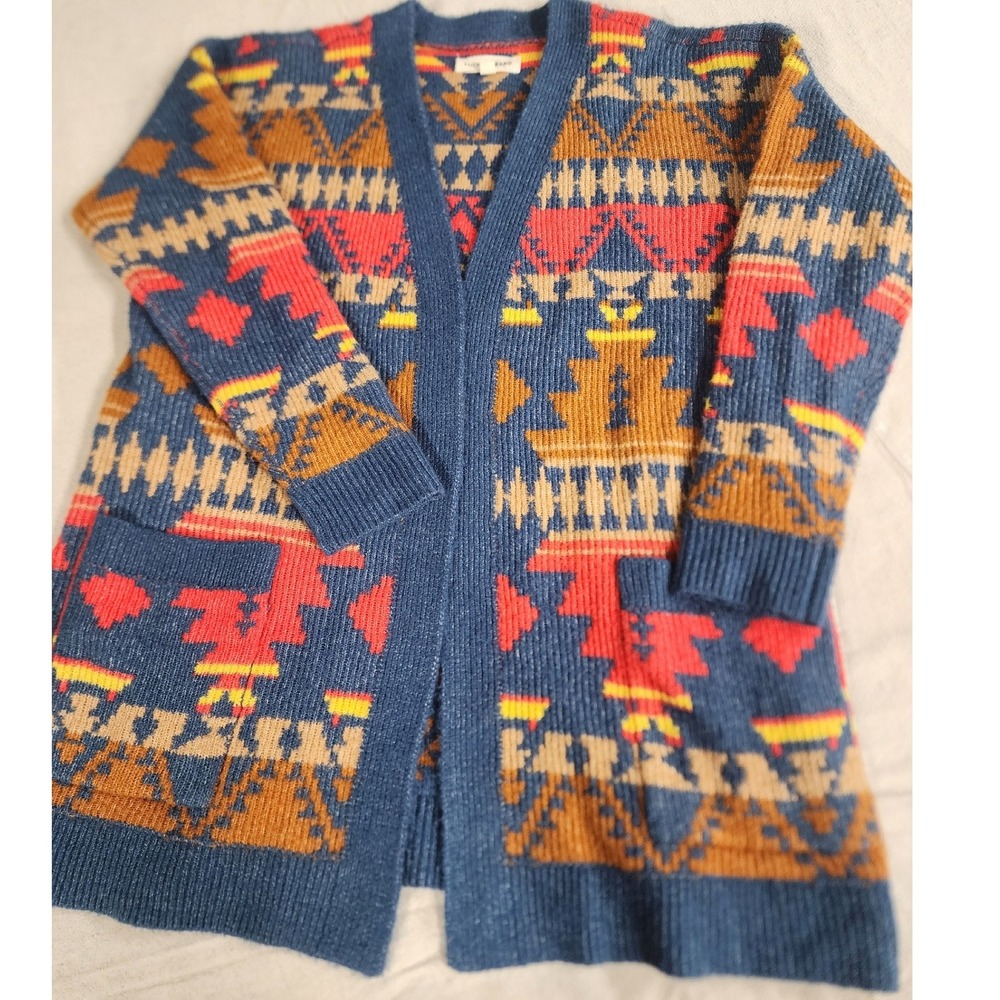 🌟Lucky Brand Southwestern Aztec Cardigan Sweater Blue Multicolor boho western - Picture 2 of 10